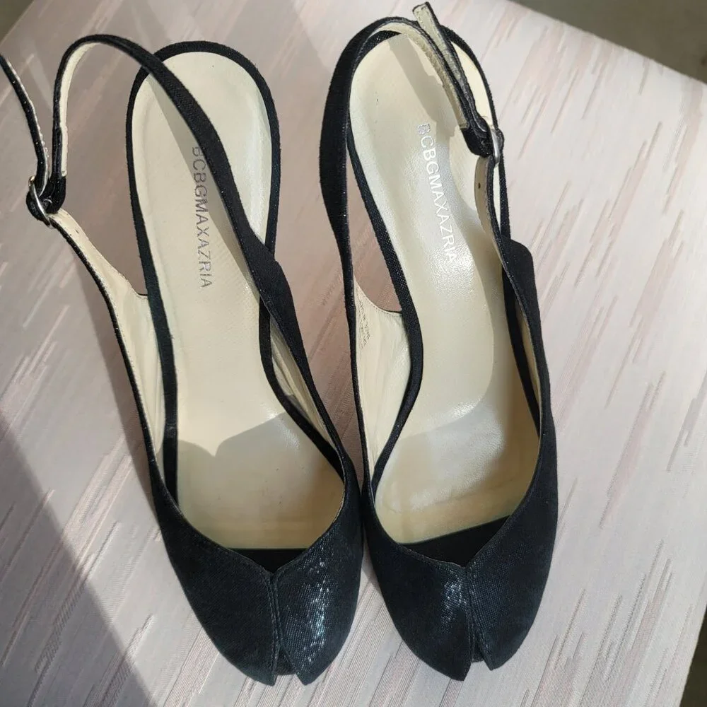 BCBGMAXAZRIA Kelly Black Metallic Leather Peep Toe Heels Size EU 39/US 8.5